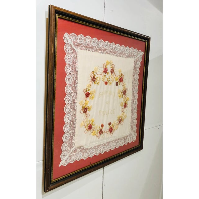 Charming Antique French Silk & Lace Scarf - Souvenir De France - in Gilded Wooden Frame. Original finish fittings and...