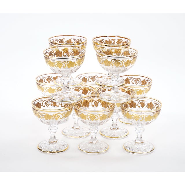 Val Saint Lambert Set of 12 Gilt Gold-Decorated Champagne Coupe Glass Service For Sale - Image 12 of 13