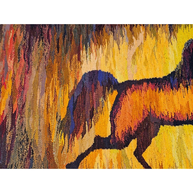 Vintage Mid-Century Handwoven Wool Tapestry, Galloping Horse Design, Yellow & Brown, 38” X 68” For Sale - Image 4 of 11