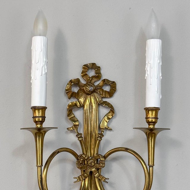 Metal Pair Antique French Louis XVI Neoclassical Cast Brass Wall Sconces For Sale - Image 7 of 12