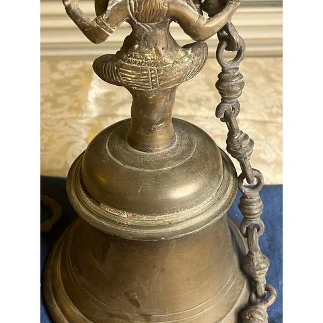 Antique Bronze Ganesha Temple Hanging Bell 10" 5lbs+ w/ Custom 24" Brass Chain For Sale - Image 9 of 10