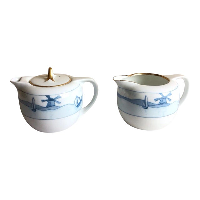 Vintage Rosenthal Selb Bavaria Donatello Blue Windmill Gold Rim Sugar & Creamer Set- 2 Pieces For Sale
