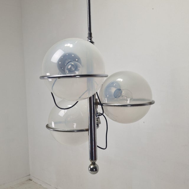White Italian Chrome Lamp with Three Opaline Glass Globes, 1970s For Sale - Image 8 of 17