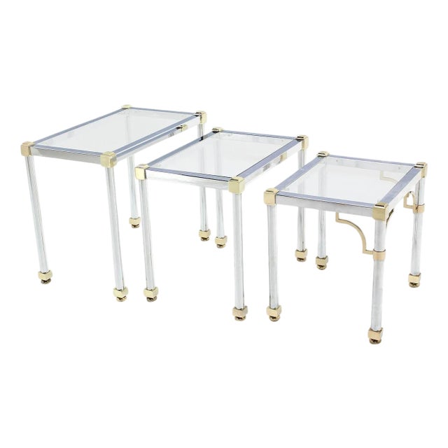 Set of 3 Chrome and Brass Metal Glass Top Nesting Side End Occasional Tables For Sale