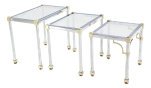 Set of 3 Chrome and Brass Metal Glass Top Nesting Side End Occasional Tables