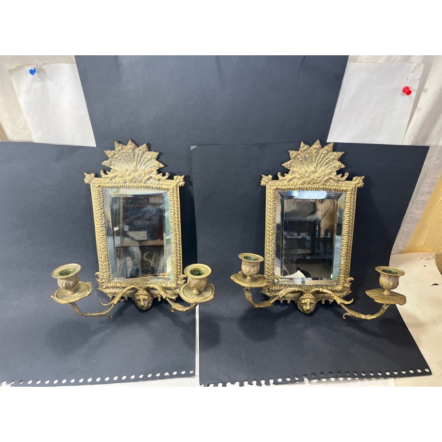 Gold Pair of Antique Bronze Lion Head Figural Mirrored Candle Sconces For Sale - Image 8 of 8