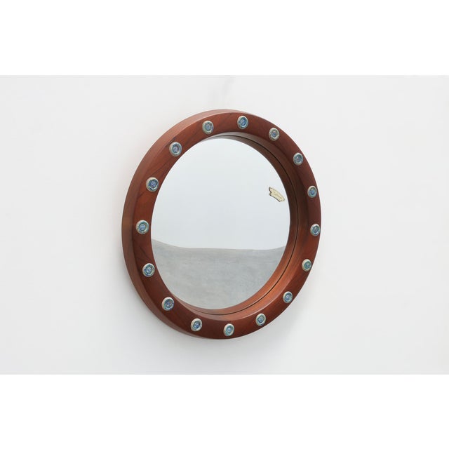 Wooden Round Mirror with Turquoise Ceramic Studs by Deknudt, Belgium, 1960s For Sale - Image 4 of 12
