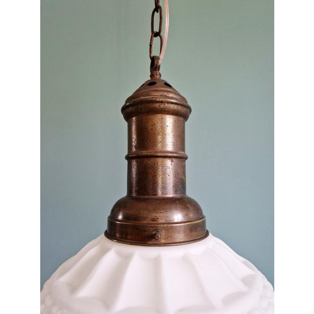 Copper Art Deco Pendant Light in Molded White Pressed Glass, 1920s-1930s For Sale - Image 8 of 15