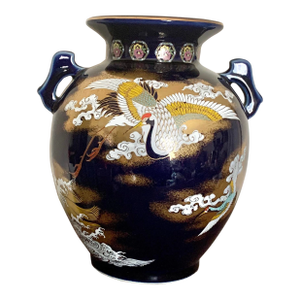 Cobalt Blue Japanese Hand Painted Kutani Porcelain Vase With Crane, Flower and Turtle Design
