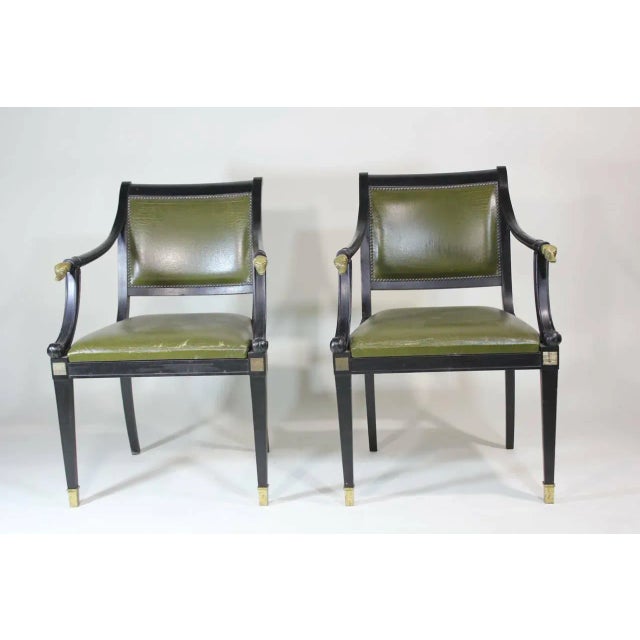 Traditional Refined Regency Pair Armchairs With Brass Dog Head Finials, Circa 1930 For Sale - Image 3 of 4