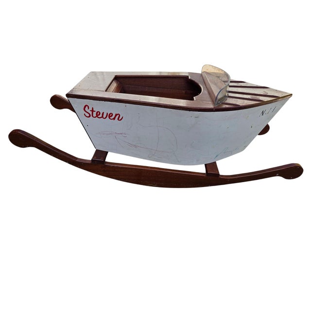 Vintage Folk Art Speedboat Mahogany Runabout Boat Rocking Horse Chris Craft Style For Sale - Image 14 of 18