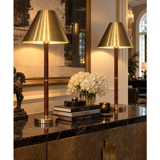 Mid-Century Modern Ralph Lauren Brass & Brown Leather Campaign Lamps — Pair For Sale - Image 3 of 4