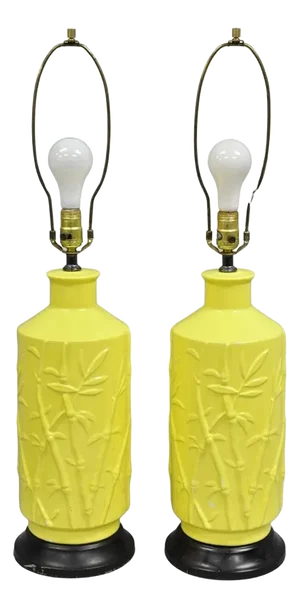 Vintage Hollywood Regency Yellow Ceramic Faux Bamboo Table Lamps - A Pair