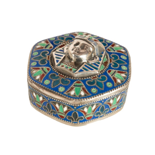 Antique Art Deco King Tut Egyptian Revival Silver Gilt Enamel Cloisonne Box 1925 For Sale In Portland, OR - Image 6 of 14