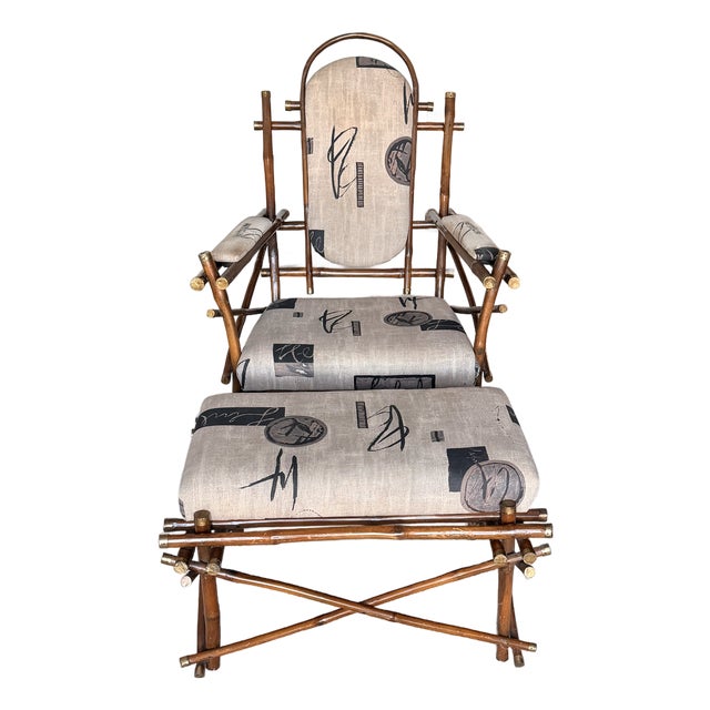 Italian Bamboo and Brass Chair and Ottoman 1970s For Sale