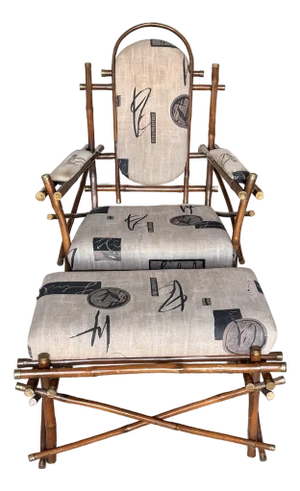 Italian Bamboo and Brass Chair and Ottoman 1970s