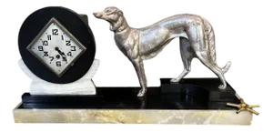 Art Deco Clock in Black and White Marble with Metal Greyhound and Rhomboidal Dial, 1930s
