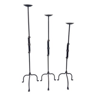 Hand Forged Iron Candelabra Set of 3 (90-110cm) Antique Copper Finish Segmented Ring Node Floor Set For Sale