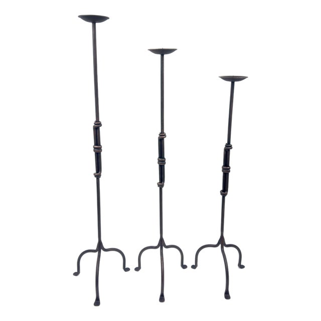 Hand Forged Iron Candelabra Set of 3 (90-110cm) Antique Copper Finish Segmented Ring Node Floor Set For Sale