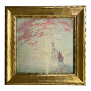 Cory Kilvert (American 1879 - 1946) Nautical Framed Print of a Ship at Sea From His Painting "Into the Setting Sun"