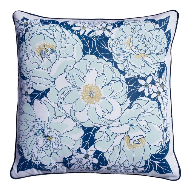 Blue Botanical Peonies and Neroli, 22" Throw Pillow With Soft Blue Velvet For Sale