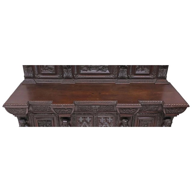 1900's Antique Monumental, English Gothic, Elizabethan Revival, Carved Oak Sideboard!! For Sale - Image 4 of 9