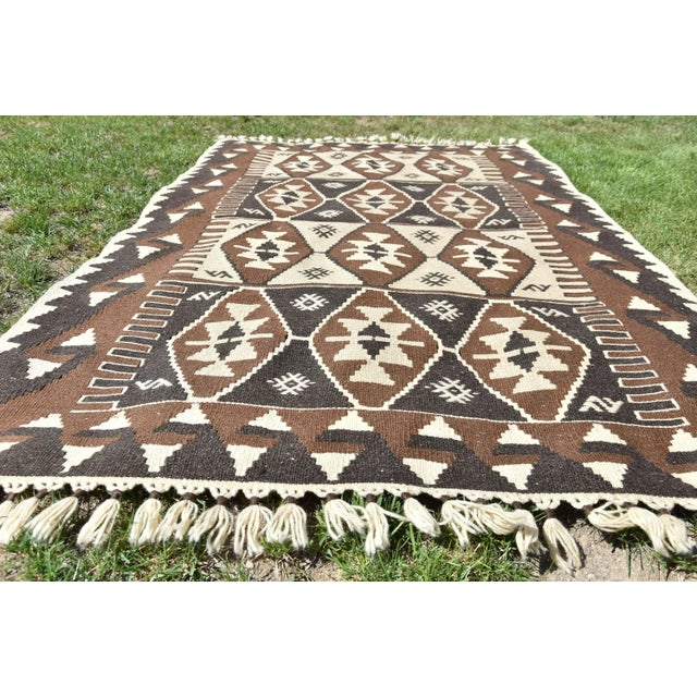 1980s Hand Knotted Oushak Kilim Striped Diamond Line Design Turkish Kilim Rug For Sale - Image 4 of 9