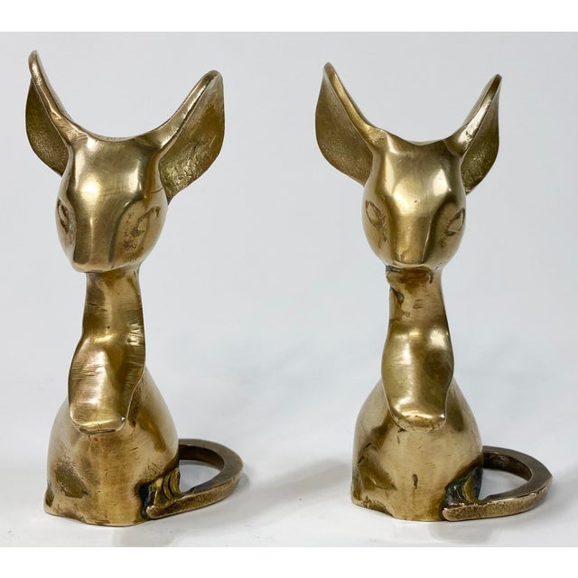 Vintage pair of whimsical mid century modern solid brass mice figures. Patina.