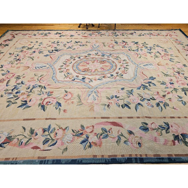 Late 19th Century French Aubusson Needlepoint Carpet in Floral Pattern in Ivory, Green, Pink, Blue For Sale In Chicago - Image 6 of 18