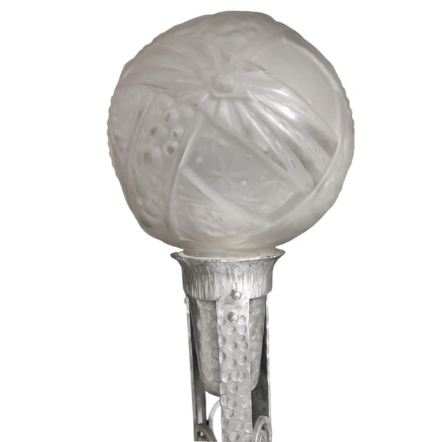 Glass French Art Deco Nickeled Iron and Art Glass Floor Lamp Signed Muller Freres 1930 For Sale - Image 7 of 12