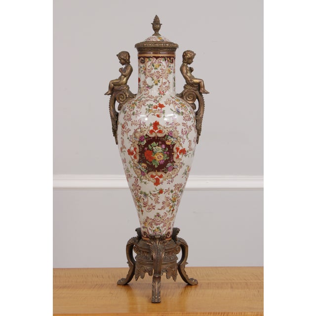 French Pair Castilian Porcelain & Bronze French Style Lidded Urns For Sale - Image 3 of 18