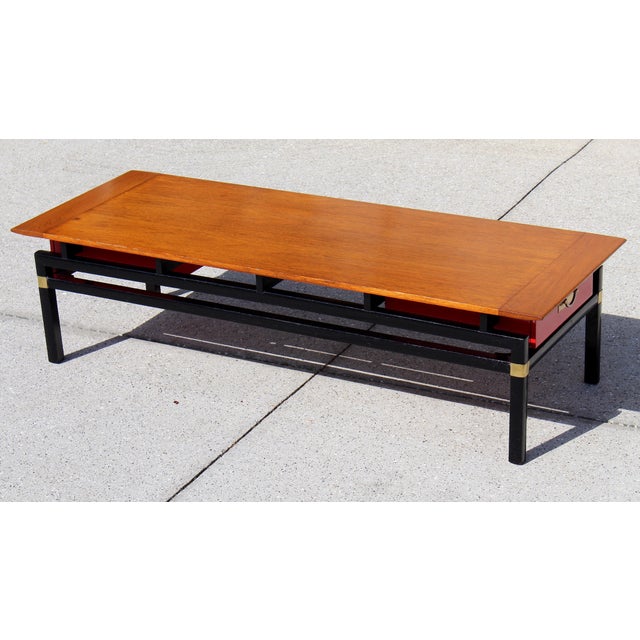 1960s Mid-Century Modern Asian-Inspired Coffee Table by Michael Taylor Style for Baker – 1960s Red Drawer Butternut & Teak Accent Table For Sale - Image 5 of 17