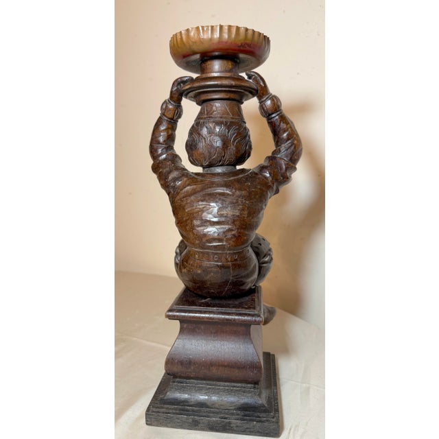 Copper Antique 1800's Carved Wood Architectural Salvage Figural Candlestick Sculpture For Sale - Image 8 of 15