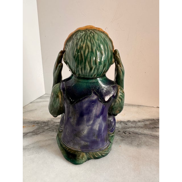 Ceramic Hear No Evil Monkey Majolica Style Ceramic Sculpture For Sale - Image 7 of 8