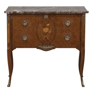Antique French Louis XVI Style Marquetry Marble Top Commode For Sale