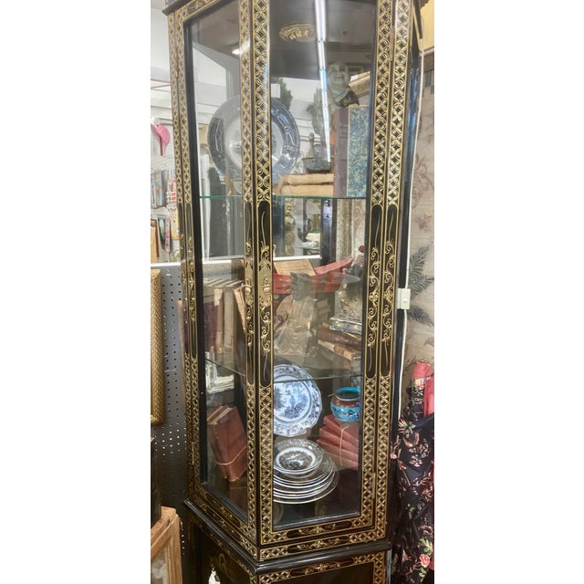 Black Vintage Pagoda Chinoiserie Illuminated Curio Cabinet - 4 Pieces For Sale - Image 8 of 12
