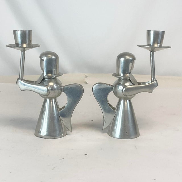 Metal 1980s Vintage Boho Chic Arts & Crafts Pewter Christmas Angel Candle Holders - A Pair. For Sale - Image 7 of 10
