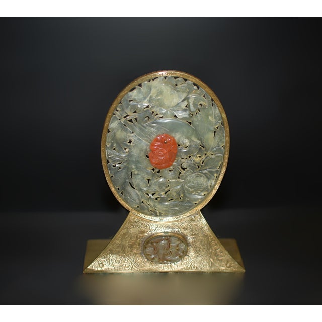 Antique Chinese Jade Red Agate Engraved Brass Bookends- a Pair For Sale - Image 4 of 12