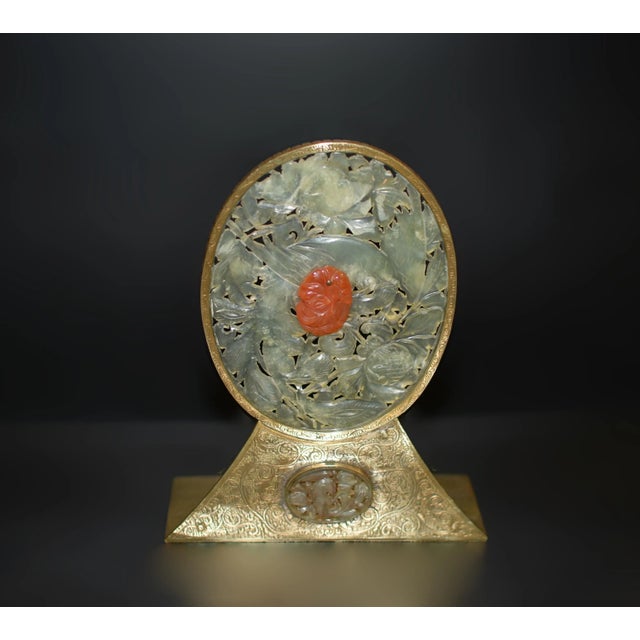 Early 20th Century Pair Antique Chinese Serpentine Jade Red Agate Engraved Brass Bookends For Sale - Image 5 of 13
