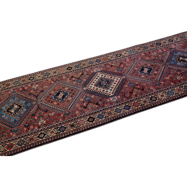 Antique Bakhtiari Handmade Geometric Red Wool Runner For Sale In New York - Image 6 of 10