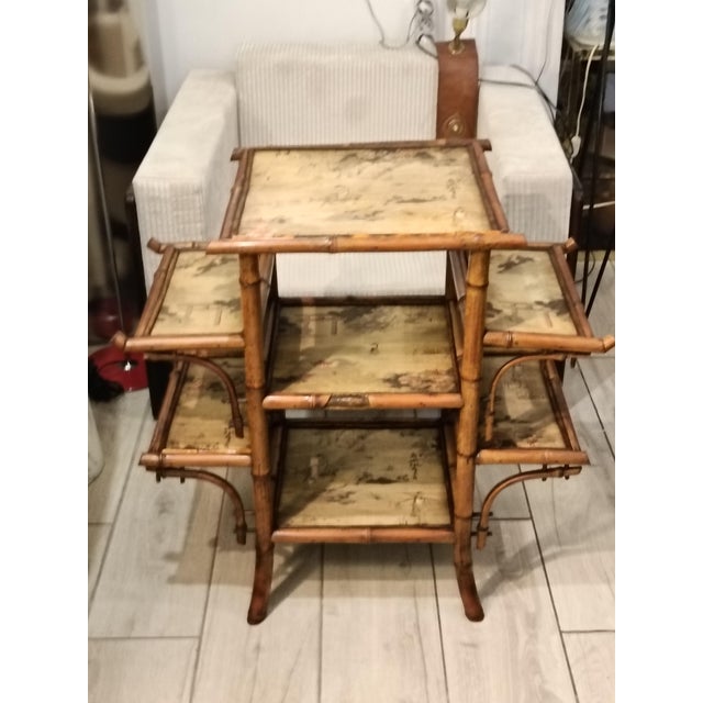 Bamboo Etagere with Silk Shelves Painted with Asian Motifs attributed to Alfred Perret and Ernest Vibert, France, 1900s For Sale - Image 4 of 11