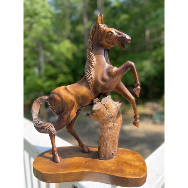 American Vintage Hand-Carved Mahogany Rearing Horse Statue For Sale - Image 3 of 7