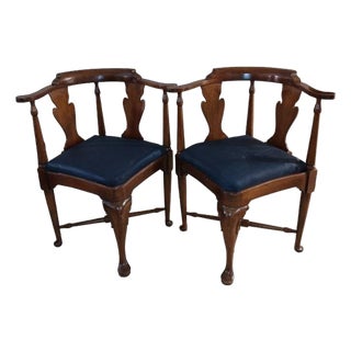 1950s Queen Anne Corner Chairs With Leather Upholstery by Hickory Chairs For Sale