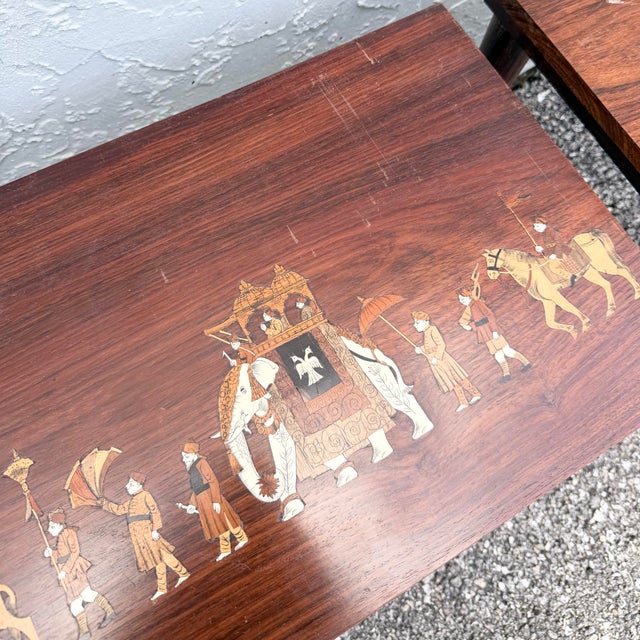 Vintage Mid Century Anglo Indian Bone and Wood Inlaid Rosewood Nesting Tables - Set of 3 For Sale - Image 9 of 12
