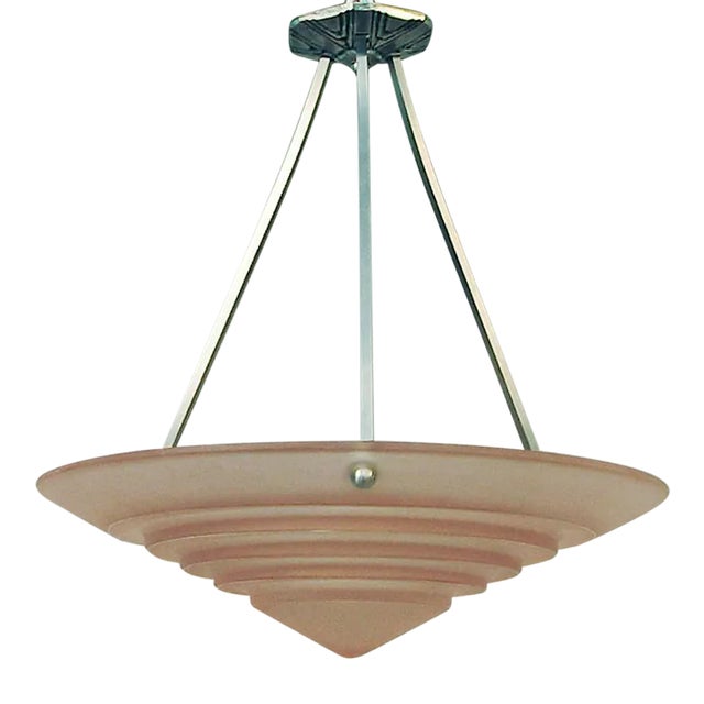 1930s Large French Modernist Peach Glass Lighting Bowl, Brushed Nickel Mountings For Sale