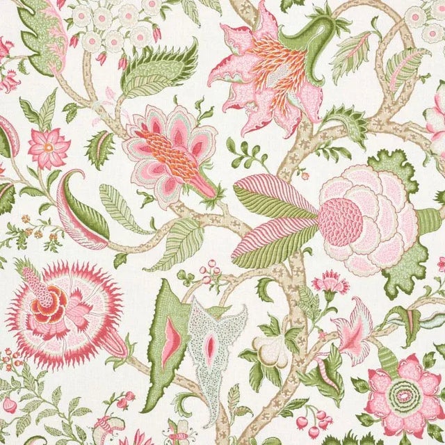Sample - Schumacher Arborvitae Fabric in Pink & Leaf For Sale