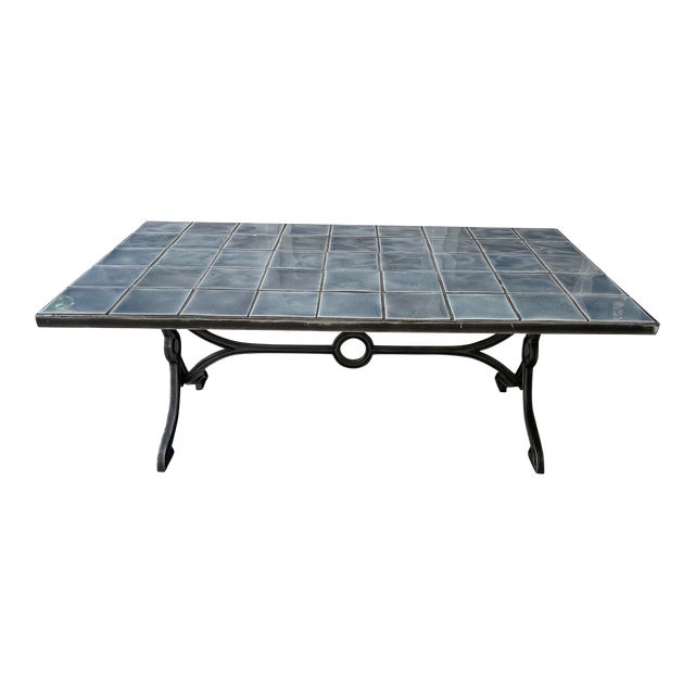 Slate Blue Heavy Iron Indoor/Outdoor Tile Top Conversation Cocktail Table For Sale