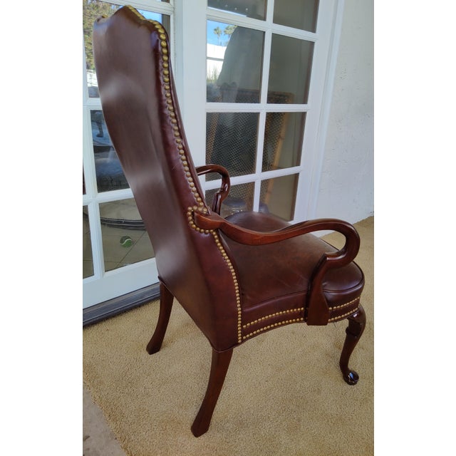 Wood Burgundy Naugahyde Queen Anne Open Armchair - Late 20th Century For Sale - Image 7 of 11