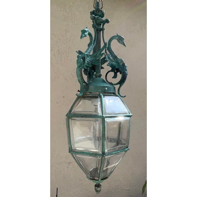 Antique Neoclassical Bronze Hanging Lantern / Pendent With Ornate Swan Motif For Sale - Image 9 of 17