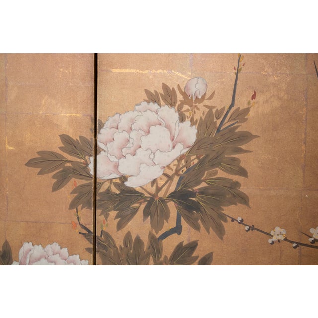 "Plum Blossom, Peony, Iris" by Kokei, 1970s Showa Era Japanese Painted Byobu Screen For Sale - Image 10 of 18